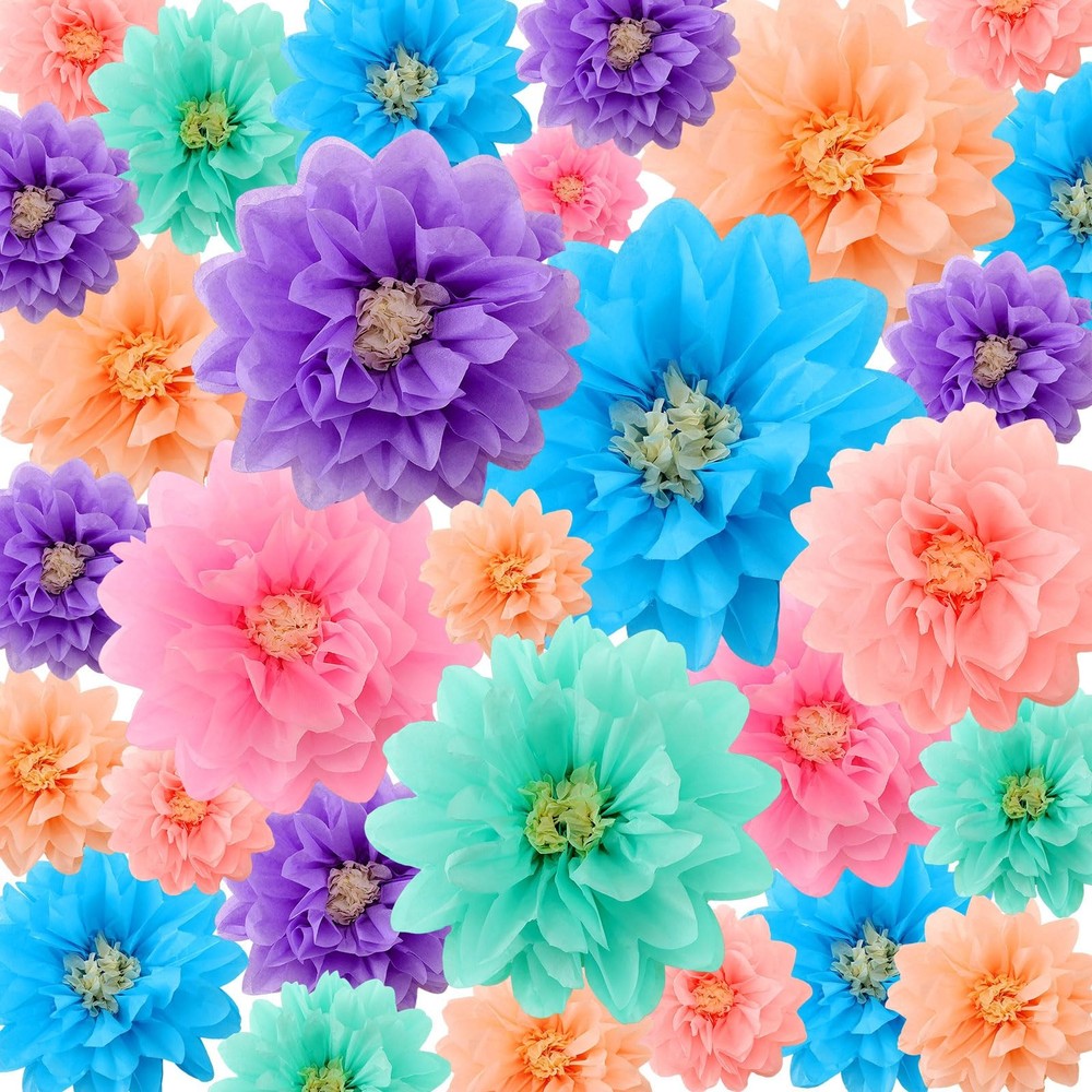 Geyee 18 Pcs Mexican Paper Flowers Colorful Fiesta Tissue Paper Flowers Pom P…