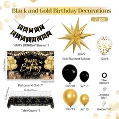 Black and Gold Birthday Decorations for Men Women, 71pcs Black and Gold Party…