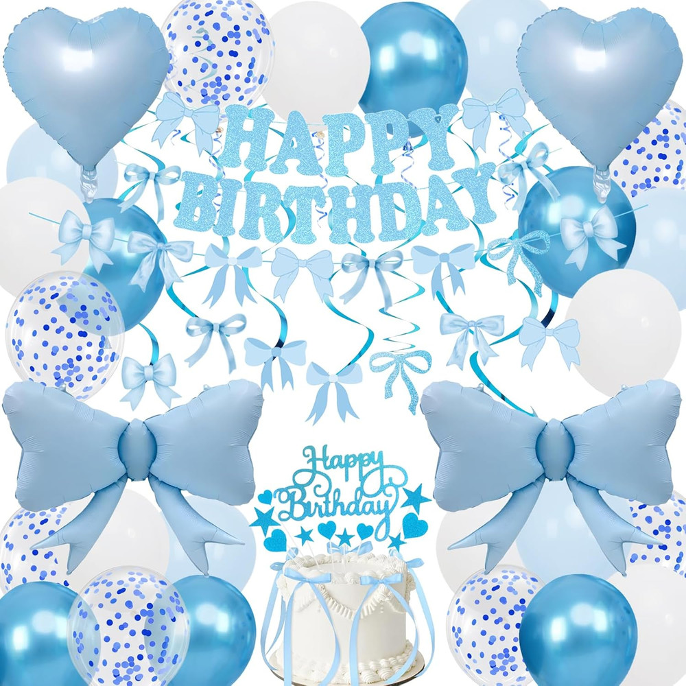 Blue Bow Birthday Decorations, Happy Birthday Banner Garland and Hanging Swirls,