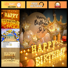 173pcs LED Marquee Birthday Sign with Crown, Gold Foil Balloons & Banner – Party
