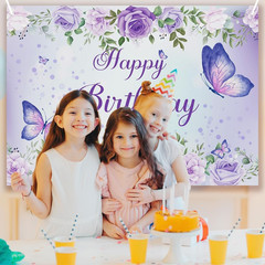 Purple Butterfly Birthday Banner Backdrop for Women Girl (59×36 inch) Purple Hap