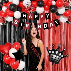 Red And Black Decorations for ,Fringe Curtains Happy Banner,Red balloons,Cake…