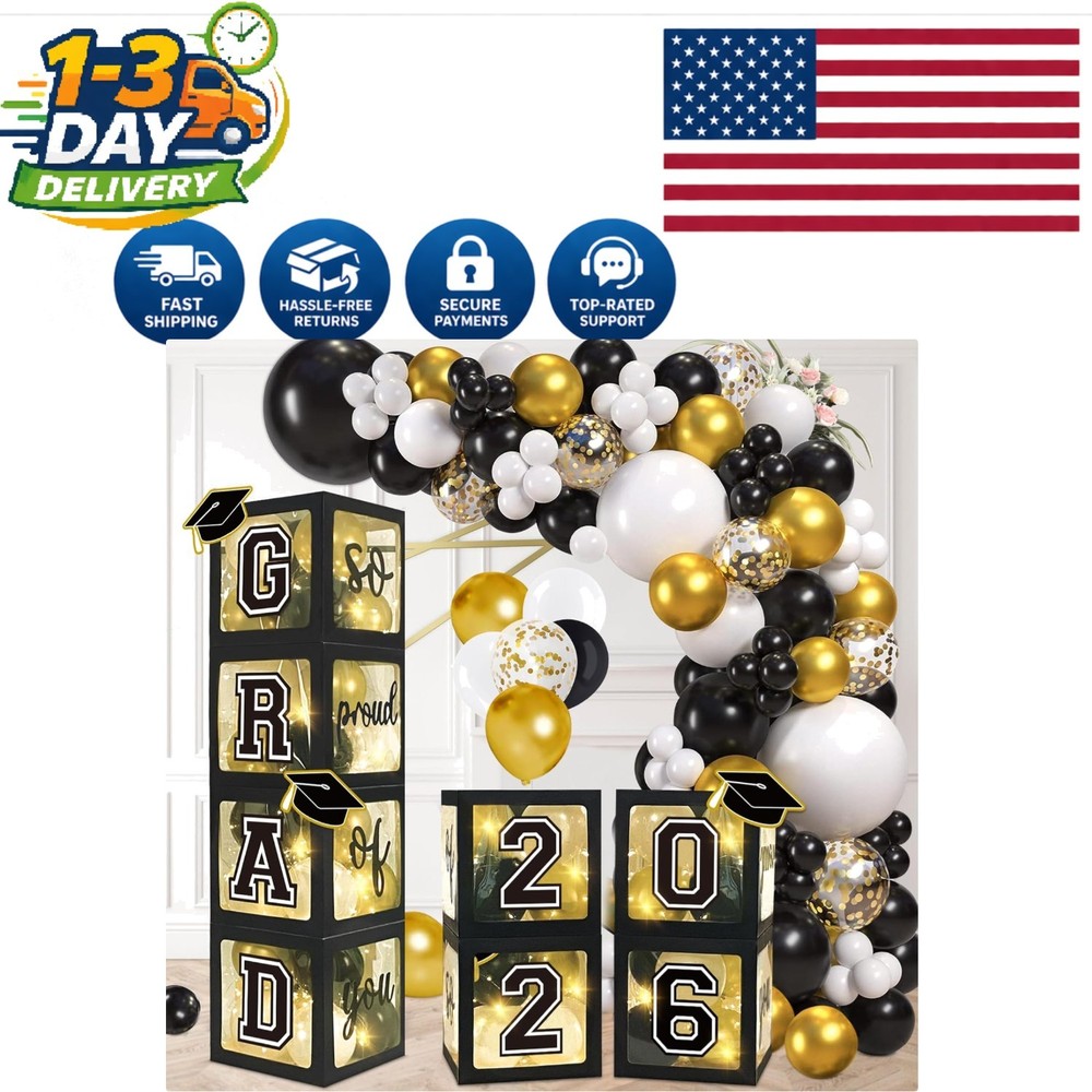 Elegant 2026 Graduation Party Set: 4 Black & Gold Grad Boxes and Balloon Arch