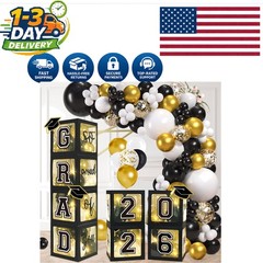 Elegant 2026 Graduation Party Set: 4 Black & Gold Grad Boxes and Balloon Arch