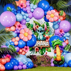 ALL-IN-1 Blue Alien Balloon Arch Kit with BONUS Palm Tree & Tropical Flowers for