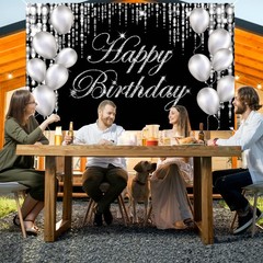 Silver Black Happy Birthday Backdrop Banner Photography Background Party Decor