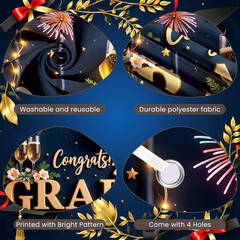 2026 Graduation Banner Decorations Navy Blue Gold Balloons Congrats Grad Backdro