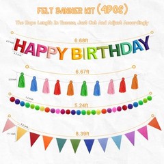 4PCS Pre-Strung Happy Birthday Banner – Felt Happy Birthday Garland, Rainbow