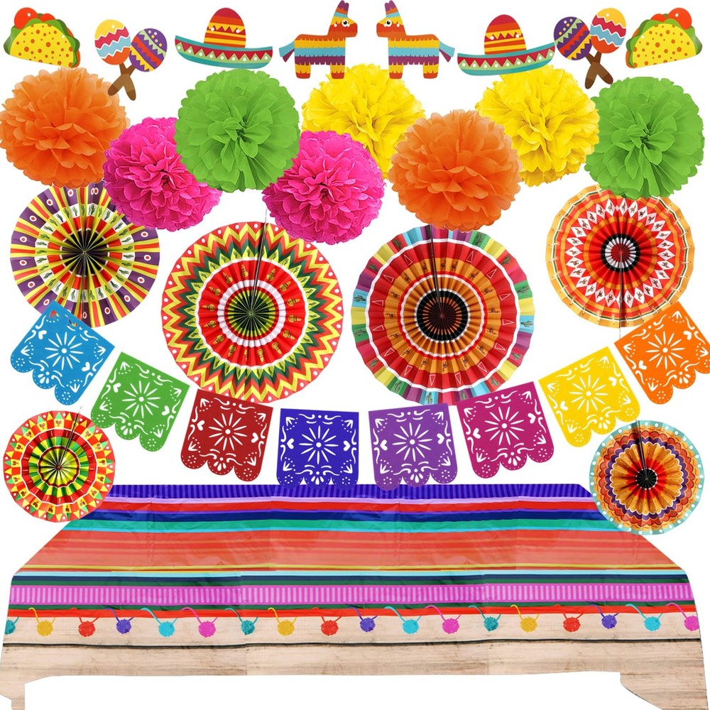 Recosis Fiesta Party Decorations Multicoloured Tablecover Paper Fans Pompoms …