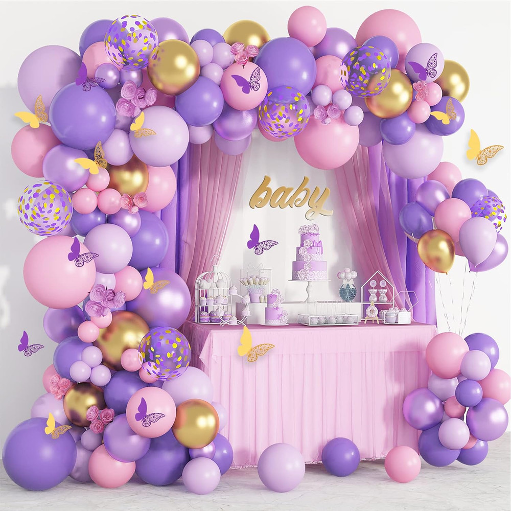 Kit de arco de guirnalda de globos de mariposa rosa púrpura, baby shower de mari
