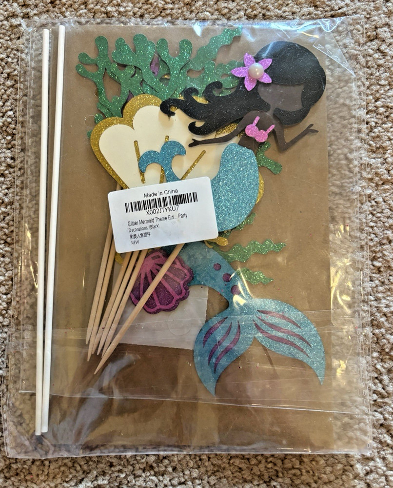 Mermaid Party Cupcake Cake Toppers Glitter Under the Sea Birthday Decor (Black)