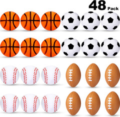 48 Pack Sports Stress Balls 1.6” Football Soccer Baseball Basketball Foam Toy XL