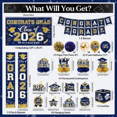 Navy Blue & Gold Graduation Decorations 2026 Set – Congrats Grad Banner, Balloon
