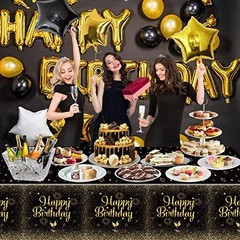 Pack Black Gold Happy Birthday Tablecloths, 51×87» Plastic Disposable 2