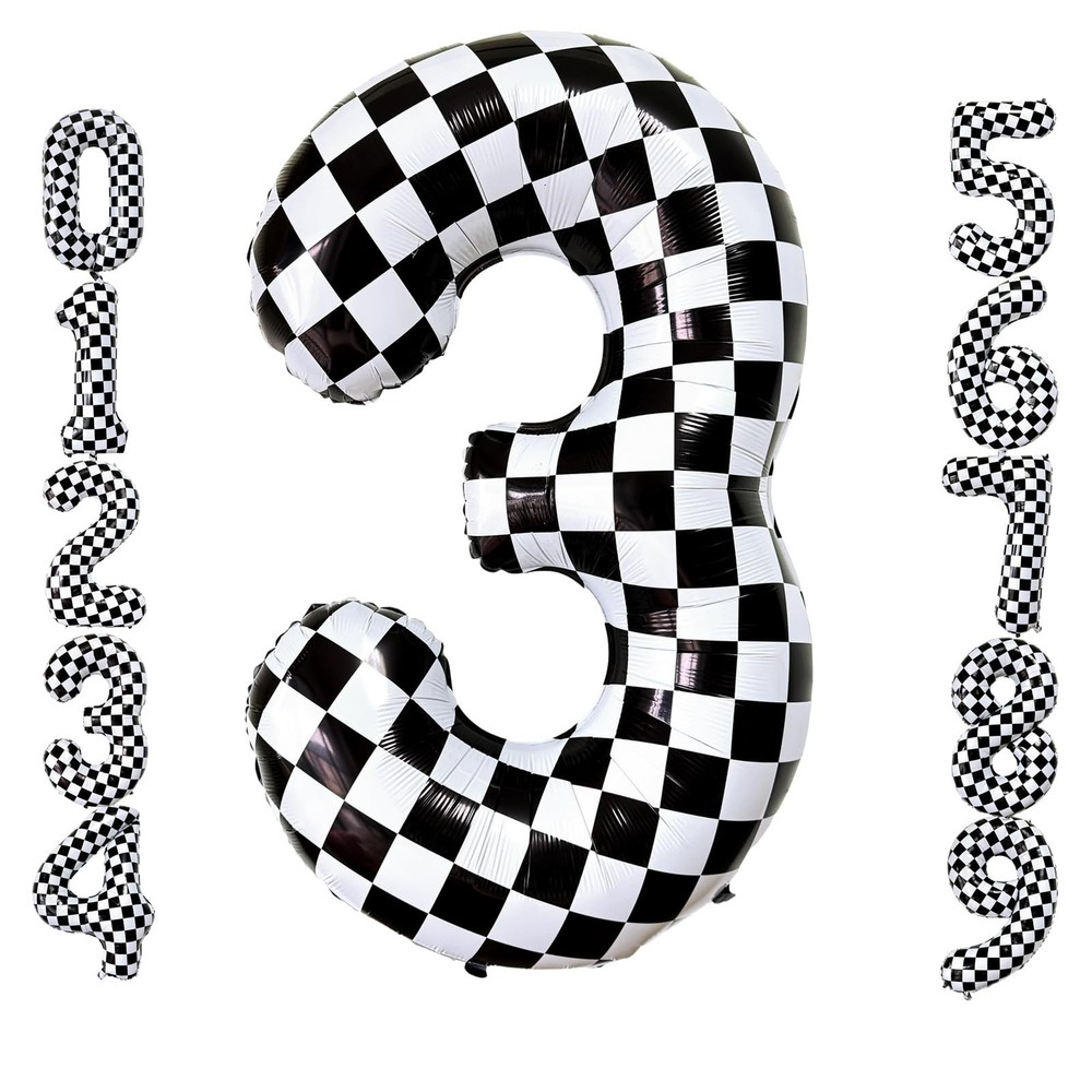 40 Inch Black White Checkered Number 3 Balloon Giant Race Car Themed Checkere…