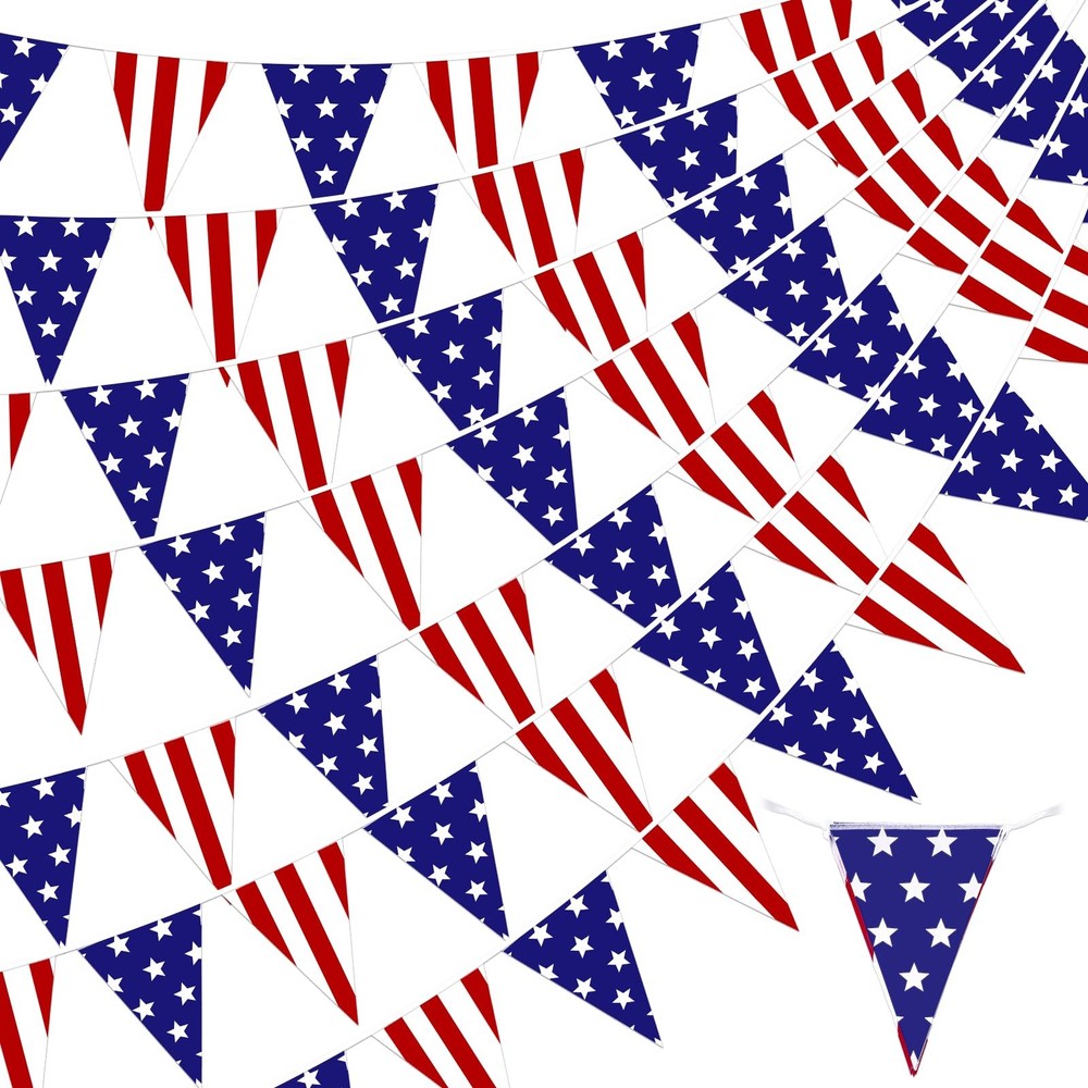 4 Pack Pre-Strung USA Flag Pennant Banner – Red White and Blue Decor Paper St…
