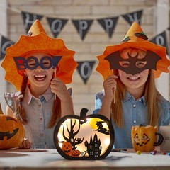 FOIMAS Halloween Wooden Table Sign,Light Up Pumpkin Table Centerpiece Topper…