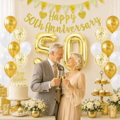 White Gold 50Th Anniversary Decor Set，Gold Glitter Happy 50Th Anniversary Banner