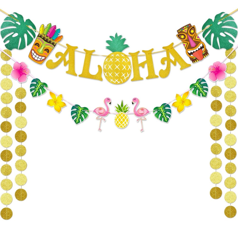 Hawaiian Aloha Party Banner Decorations – Flamingo Pineapple Tiki Tropical Lu…