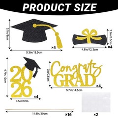 Black Gold 2026 Graduation Centerpiece Sticks Table Toppers Decor 16 PCS