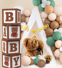 Teddy Bear Baby Shower Boxes Balloon Party Decor wood grain gender birth theme