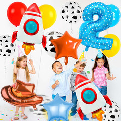 Toy Themed Number 2 Balloon, Happy Birthday Colorful Balloons with Rocket and Co