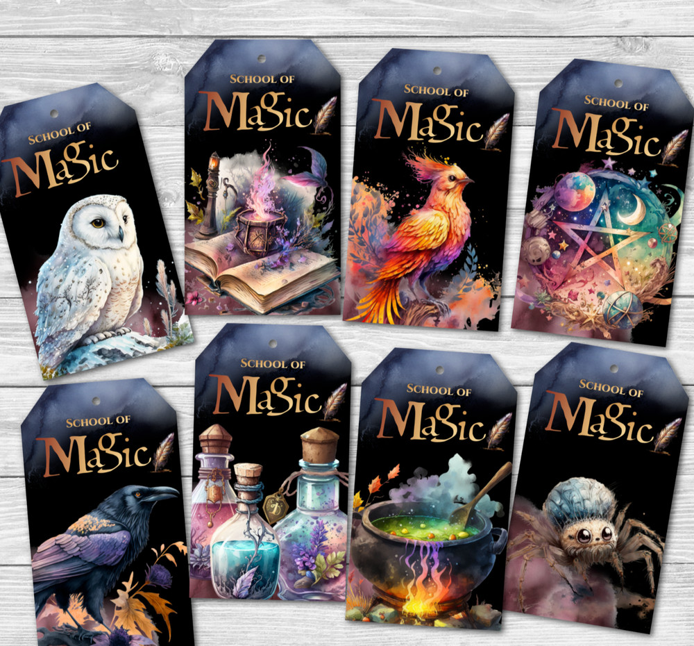 8 School of Magic Magicians & Wizards Party Gift Tags & Ribbon – Set A