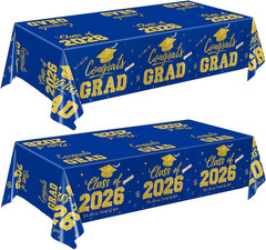 Graduation Decorations 2026, Blue and Gold Graduation Tablecloths, 2 Pack Congra