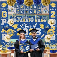 2026 Graduation Decorations Set – Blue & Gold Congrats Grad Banner, Backdrop, Ba