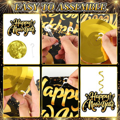 2026 New Year Decorations, Happy New Year Banner with 2026 Hanging Swirls, Black