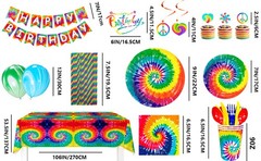 Rainbow Party Decoration Tie Dye Birthday Tableware Balloons Plates Cake Topper