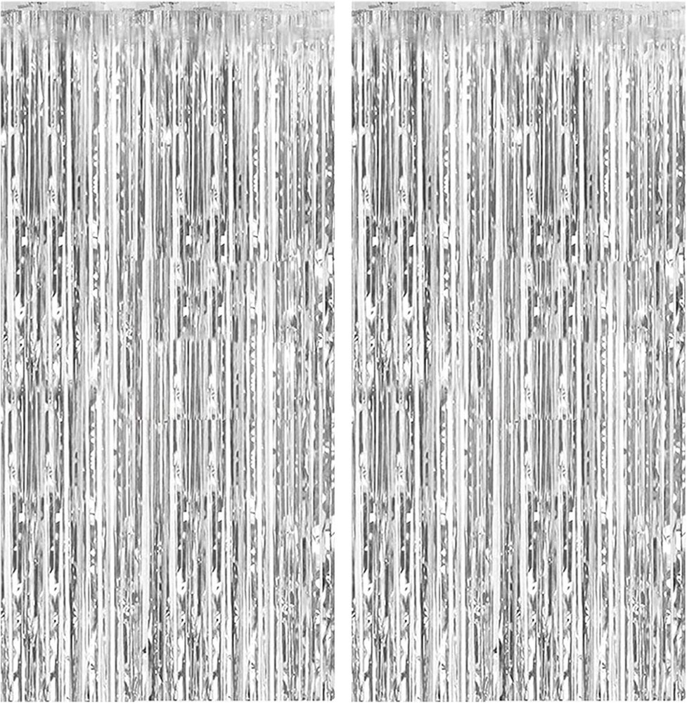 2 Pack Foil Curtain Backdrop Silver Metallic Tinsel Foil Fringe Curtains Phot…