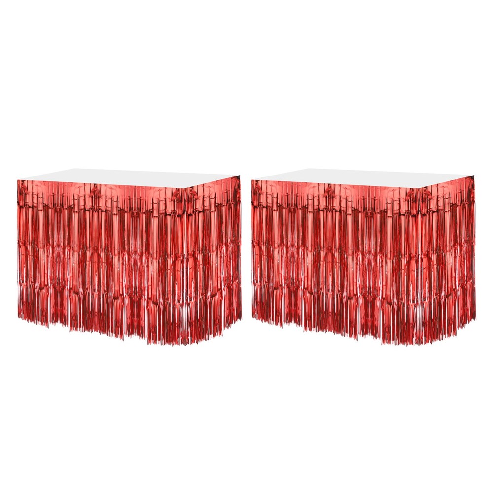 2 Pcs 29×108 Inch Red Metallic Foil Fringe Tinsel Table Skirts
