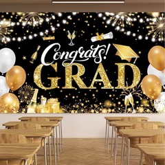 Graduation Banner 2025 Black and Gold – 72.8X43.3 Inch Congrats Grad Backdrop fo