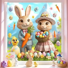 Large Easter Window Decoration Clings Double-Sided Bunny Decals Home Indoor Deco