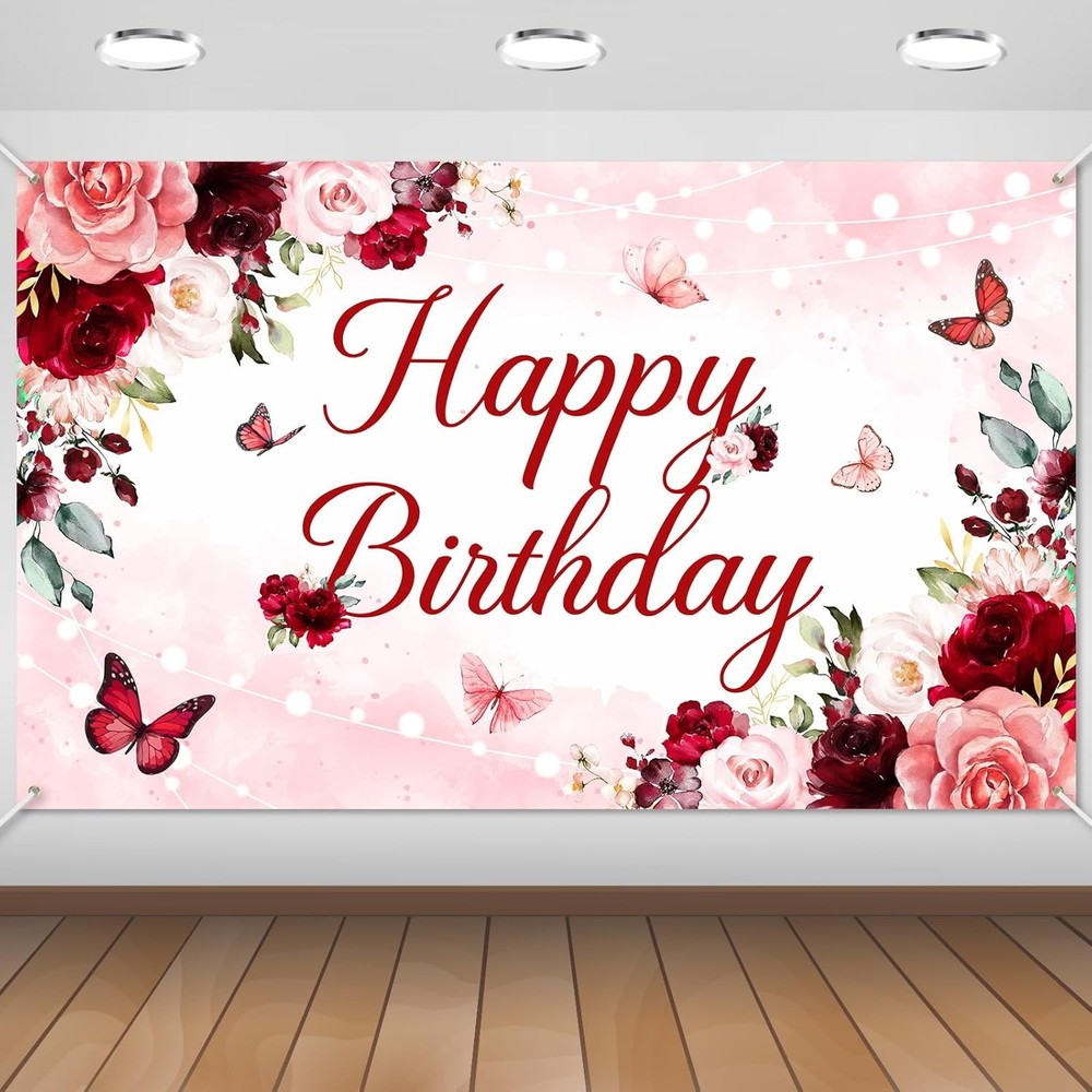 Avezano Floral Happy Birthday Banner for Women Girls Rose Gold 6×3.6ft, Pink