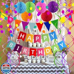 Happy Birthday Banner With Colorful Paper Flag Bunting Paper Circ