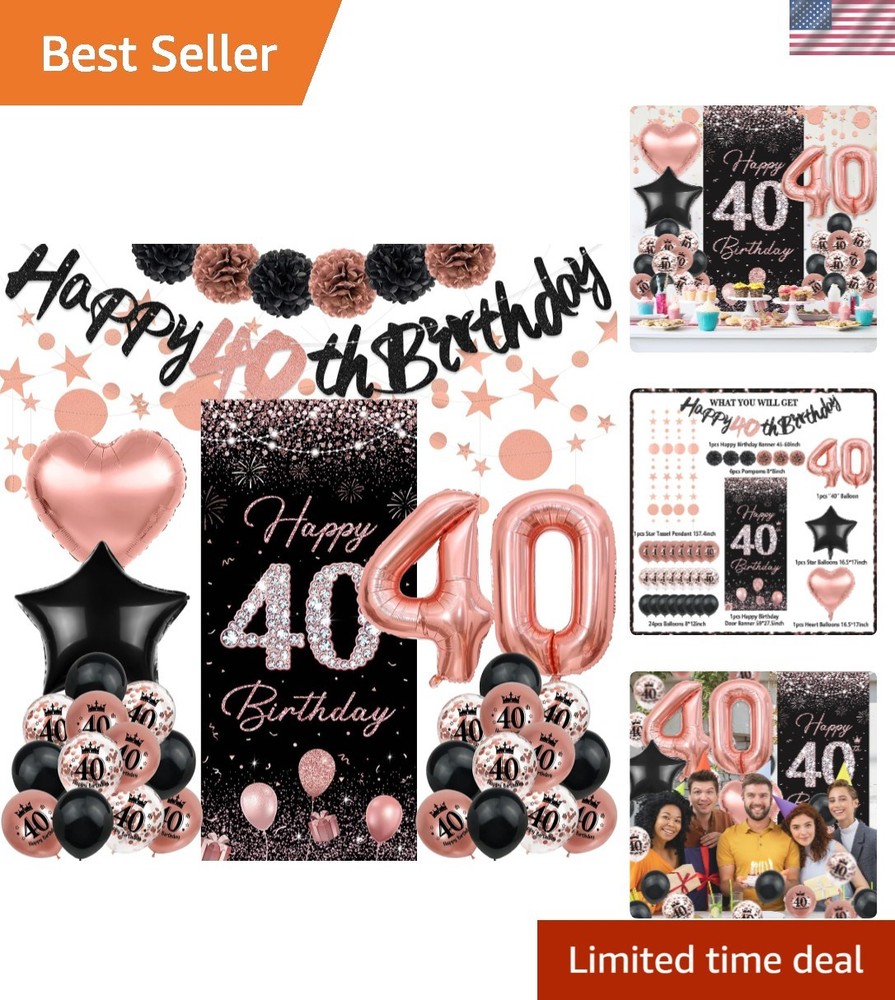 Complete Rose Gold 40th Birthday Decor Set – Balloons, Backdrop & Star Streamers