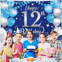 Happy 12th Birthday Banner – 72×44 Inch | Blue and Silver Happy 12th Birthday Pa