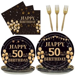 96PCS 50th Birthday Party 9 inches (dinner), 7 (dessert), Black/Gold