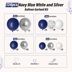 Navy Blue and Silver Balloon Garland Arch Kit, Royal Blue Metallic Silver White
