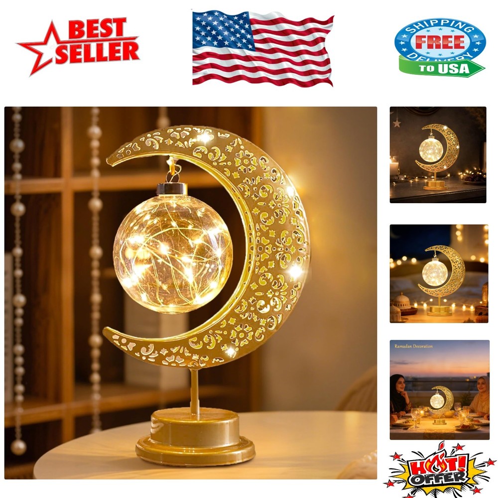 Polished Gold Crescent Moon & Globe LED Lamp – Perfect for Ramadan & Eid Gifts