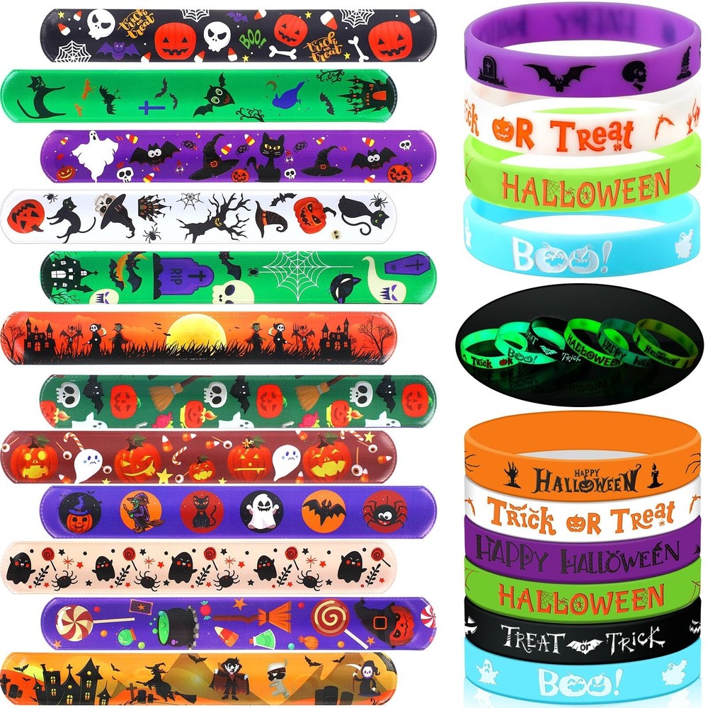 Seajan 48 Pcs Halloween Bracelets Set Party Favors 24 Luminous Silicone Brace…