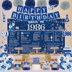 40th Birthday Decorations for Men & Women, Vintage 1986 Banner, Blue & Silver Ba