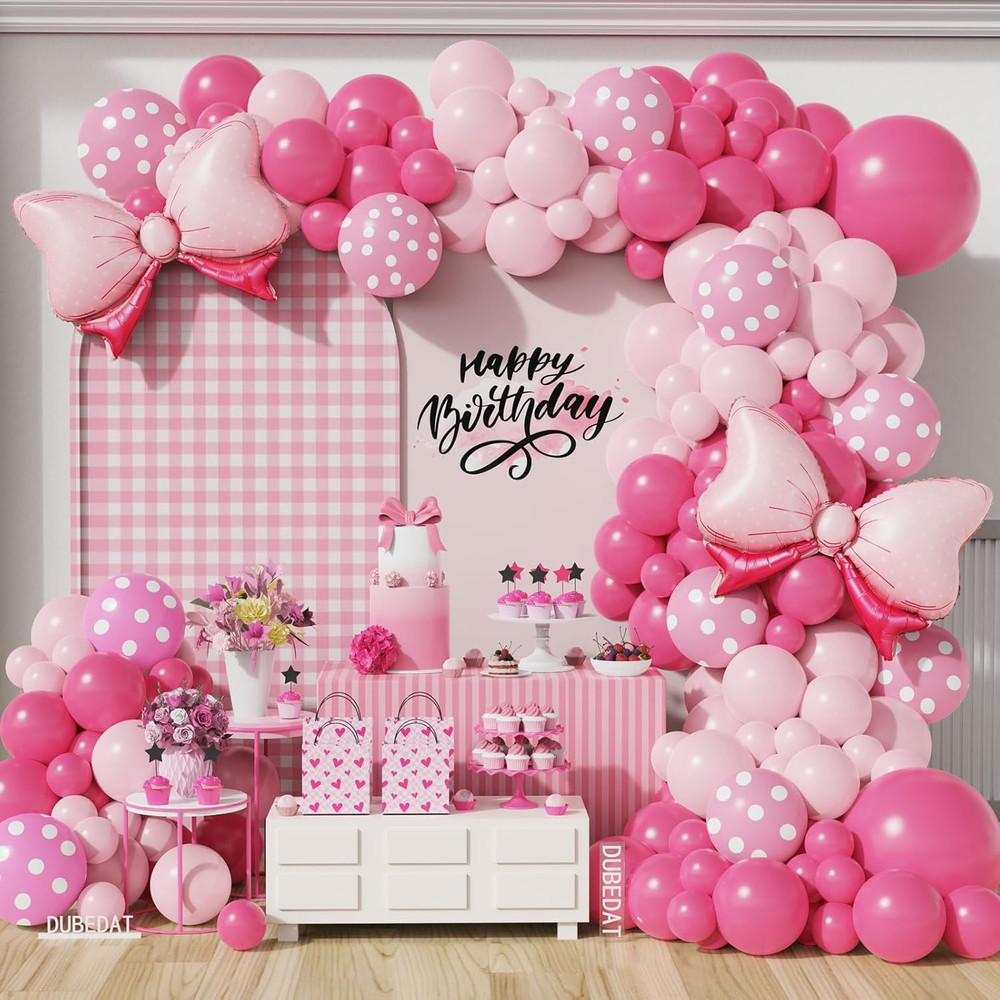 Pink Balloon Garland Arch, 136Pcs Pink Rose Polka Dots Balloon for Cortoon Theme