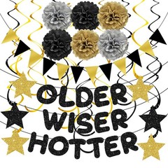 Turypaty Older Wiser Hotter Triangle Flag Birthday Banner Black Gold