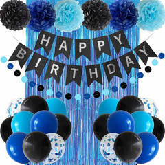 Blue Black Birthday Party Decorations Banner Balloons Pom Poms Foil Curtain
