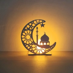 Eid Mubarak Ramadan Wooden Moon Muslim Mosque Islam Tabletop Light Decoration