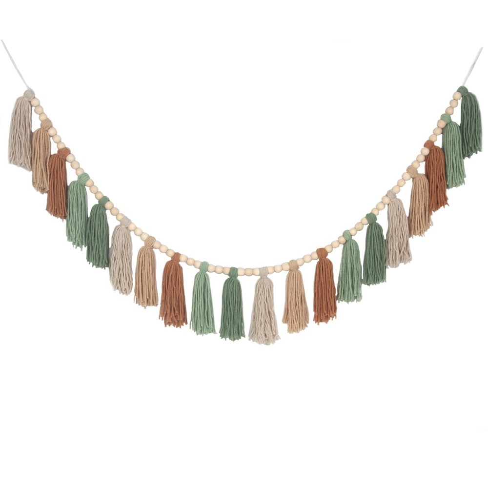 Sage Green Brown Boho Yarn Wood Bead Tassel Garland Wall Hanging Decor Neutra…