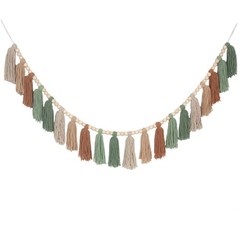Sage Green Brown Boho Yarn Wood Bead Tassel Garland Wall Hanging Decor Neutra…